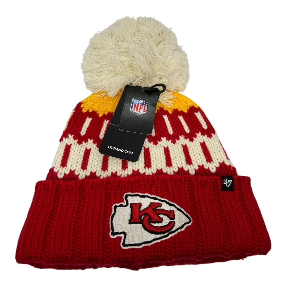 47 Brand NFL Kansas City Chiefs Red Yellow White Knit Pom‎ Beanie Hat OSFA NEW